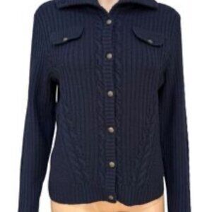 Talbots Petite Navy Cable Knit Cardigan Sweater XS 100% Merino Wool Button Front